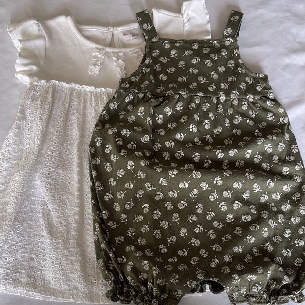 BCBGirls White Eyelet 24M Dress & Carter’s Olive Floral 24M Romper Sets